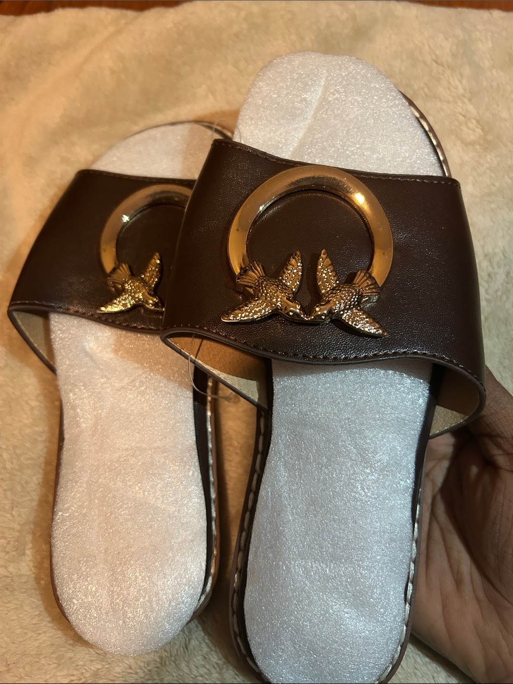 Women’s Brown Slide Mules with Gold Ring & Bird Accent
